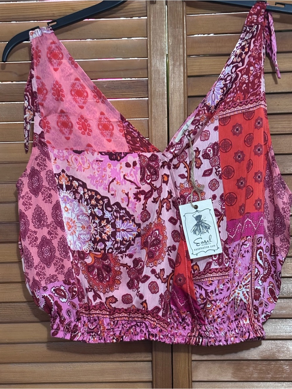 easel Pink Paisley Patchwork Tie-Shoulder Crop Top